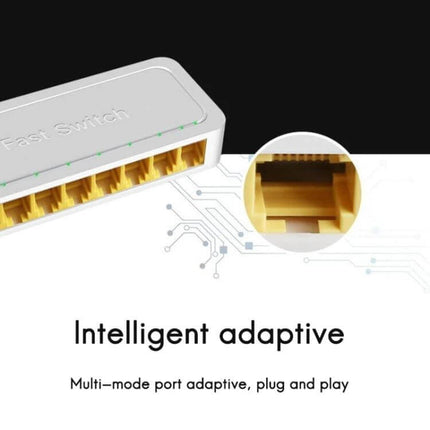 Reliable 8-Port Unmanaged Network Switch for Home Connectivity Expansion - white compact 8-port fast switch with gold RJ45 ports, intelligent adaptive plug-and-play