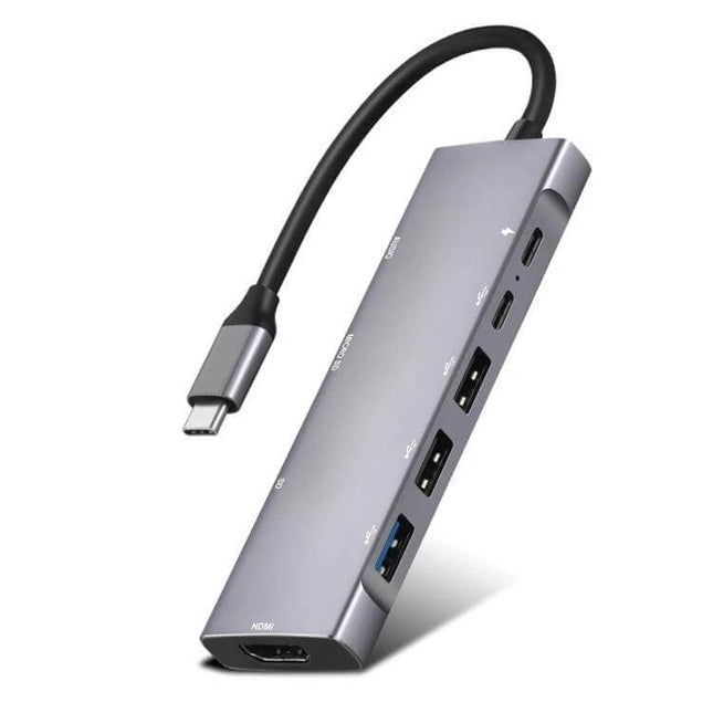 USB-C 9-in-1 Multi-Port Hub for Video, Data, and Charging Connections — sleek gray hub with HDMI, USB-A, USB-C ports and short USB-C cable