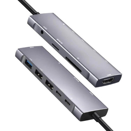 USB-C 9-in-1 Multi-Port Hub for Video, Data, and Charging Connections slim aluminum hub with HDMI, USB, SD card slots and charging cable