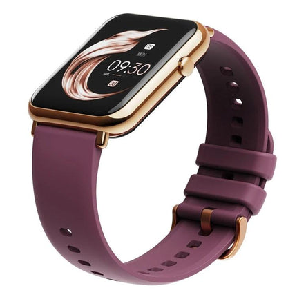 Essential Smartwatch for Daily Wear and Activity Tracking - rose gold case with plum silicone band showing time and activity monitoring