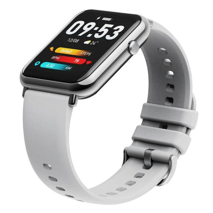 Essential Smartwatch for Daily Wear and Activity Tracking showing white band, heart rate, steps and 24-hour health monitoring on display