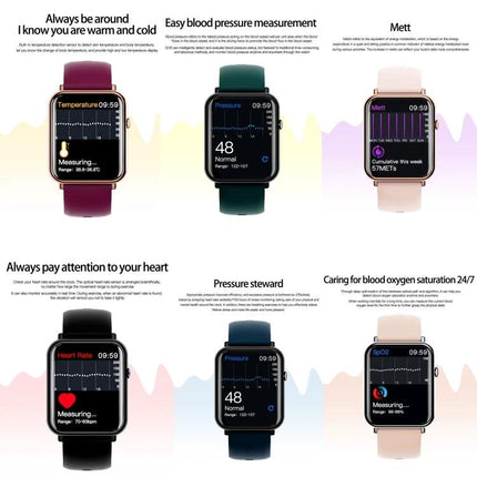Essential Smartwatch for Daily Wear and Activity Tracking showing heart rate, blood pressure, SpO2 and temperature screens