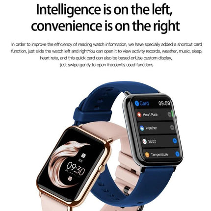 Essential Smartwatch for Daily Wear and Activity Tracking - sleek rectangular watch showing heart rate, SpO2, steps and weather widgets