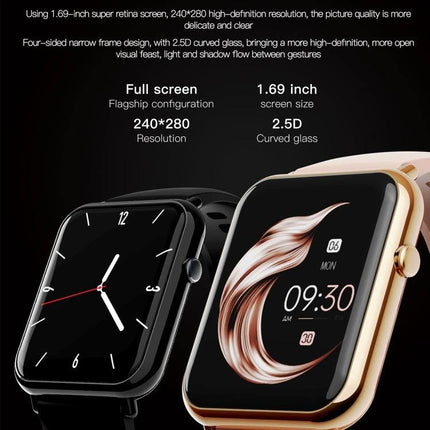Essential Smartwatch for Daily Wear and Activity Tracking - two sleek 1.69-inch full-screen smartwatches showing watch faces and health tracking features