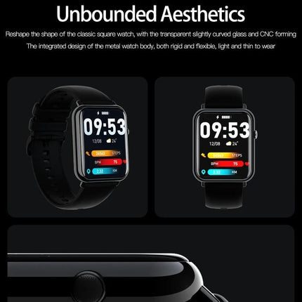 Essential Smartwatch for Daily Wear and Activity Tracking showing black square watch with step, heart rate and time display