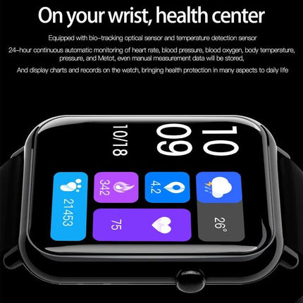 Essential Smartwatch for Daily Wear and Activity Tracking showing step count, heart rate, blood oxygen and weather on wrist display