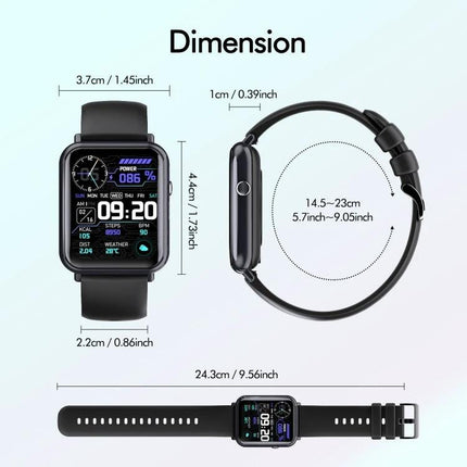 Essential Smartwatch for Daily Wear and Activity Tracking – black rectangular smartwatch showing screen, dimensions and adjustable strap for 14.5–23cm wrist