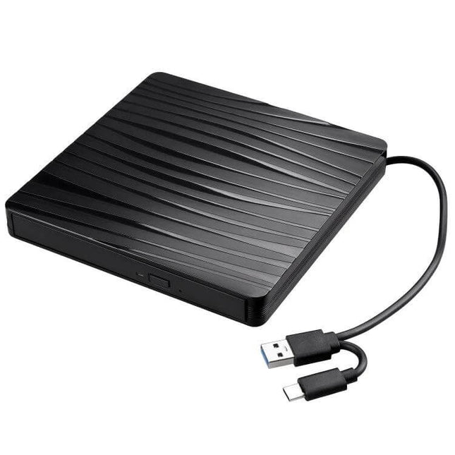 External USB 3.0 Type-C CD/DVD Drive for Desktop Use slim black external optical drive with USB-A and Type-C cable, tray-loading design