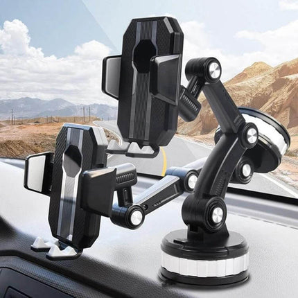 Car Dashboard Phone Holder With 360 Degree Rotation mounted on dashboard with suction cup and silicone-padded clamp for one-hand use