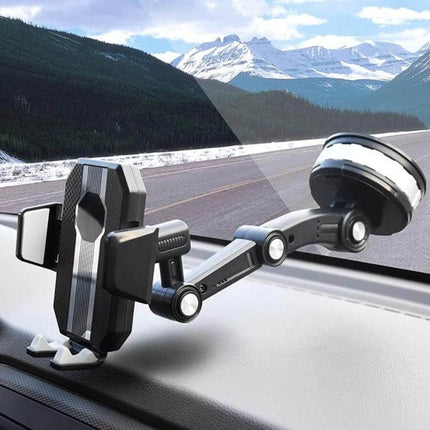 Car Dashboard Phone Holder With 360 Degree Rotation mounted on dashboard with adjustable arm and suction cup