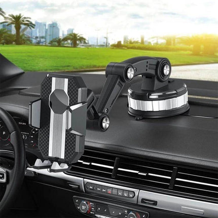 Car Dashboard Phone Holder With 360 Degree Rotation mounted on dashboard with adjustable arm and silicone-padded clamp