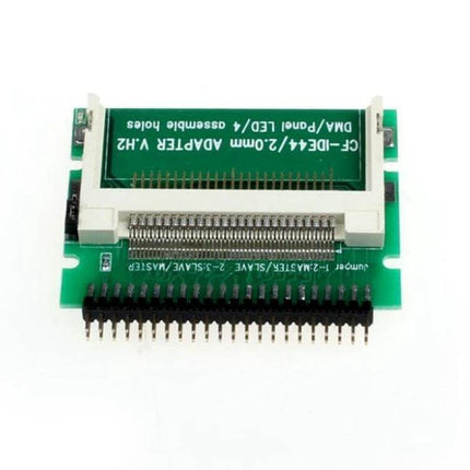 CF Card to IDE Hard Drive Converter for Notebooks and Embedded Systems showing green PCB adapter with 44-pin IDE connector and CF socket