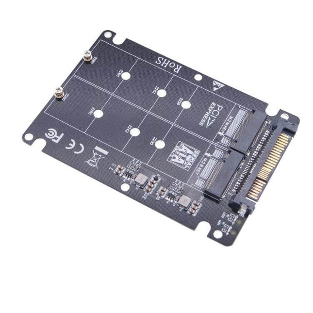 M.2 NVMe to U.2 Adapter Card for Dual SSD Computer Storage black adapter card angled view with dual M.2 sockets and U.2 connector
