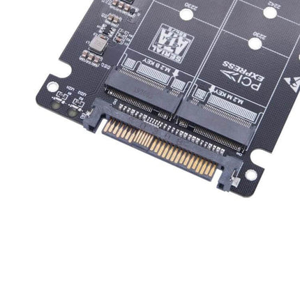 M.2 NVMe to U.2 Adapter Card for Dual SSD Computer Storage showing dual M.2 slots and U.2 connector on black PCB