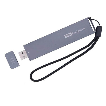 Portable NVMe M.2 SSD Enclosure for Multiple Drive Sizes — slim metallic external NVMe M.2 USB enclosure with lanyard, supports 2230/2242/2260/2280