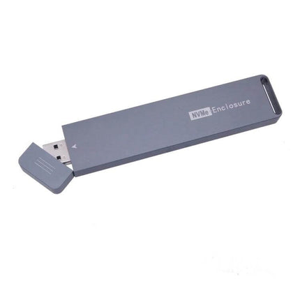 Portable NVMe M.2 SSD Enclosure for Multiple Drive Sizes - slim gray external NVMe M.2 USB enclosure showing cap off and NVMe connector