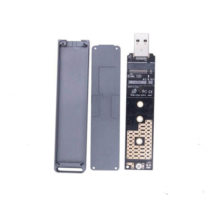 Portable NVMe M.2 SSD Enclosure for Multiple Drive Sizes showing open enclosure, M.2 NVMe board and USB-C/USB-A adapter for 2230-2280 drives