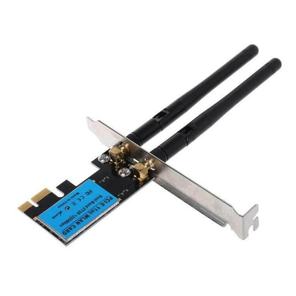 Dual-Band Wireless Network Card for Reliable Desktop Internet installed PCIe adapter with dual external antennas showing 1200Mbps support