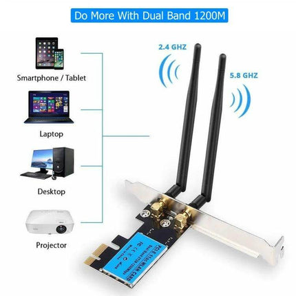 Dual-Band Wireless Network Card for Reliable Desktop Internet - PCIe adapter with dual antennas supporting 2.4GHz/5GHz up to 1200Mbps for desktops