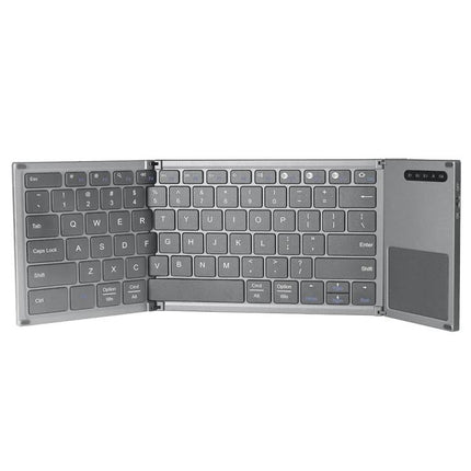 Foldable Wireless Bluetooth Keyboard for Mobile Typing — slim silver foldable Bluetooth keyboard for smartphones and tablets, compact travel typing solution