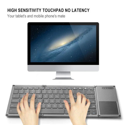 Foldable Wireless Bluetooth Keyboard for Mobile Typing paired with tablet and laptop, hands typing on slim foldable keyboard with touchpad
