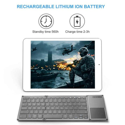 Foldable Wireless Bluetooth Keyboard for Mobile Typing connected to tablet with rechargeable lithium ion battery and long standby time