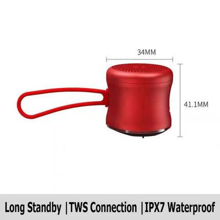 EWA Portable Speaker Pocket Sized For Travel And Jogging compact red Bluetooth speaker with strap, 34mm x 41.1mm, IPX7 waterproof