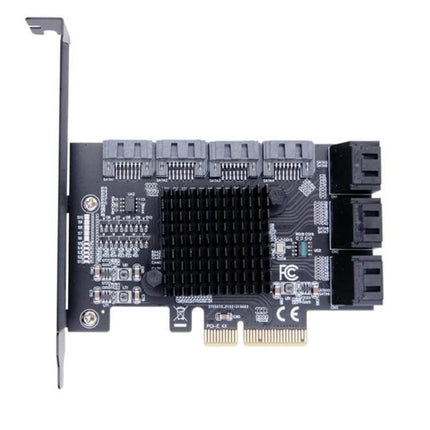 PCI Express SATA 3.0 Expansion Card for Computer Storage Upgrades showing PCIe x4 connector, four right-angle SATA ports and heatsink for desktop storage expansion
