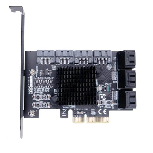 PCI Express SATA 3.0 Expansion Card for Computer Storage Upgrades showing PCIe x4 connector, four right-angle SATA ports and heatsink for desktop storage expansion