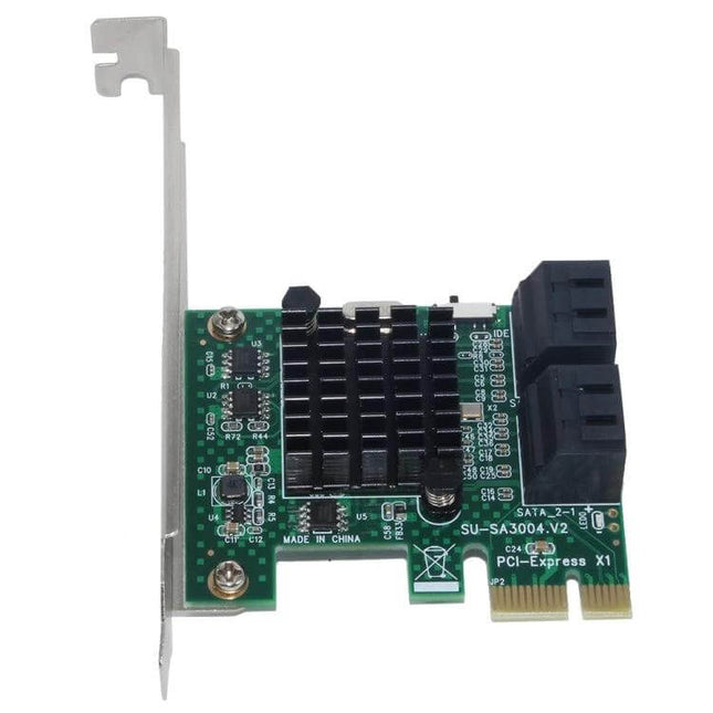 PCI Express to SATA Adapter with Four Ports for Computer Expansion showing heatsink and four SATA connectors