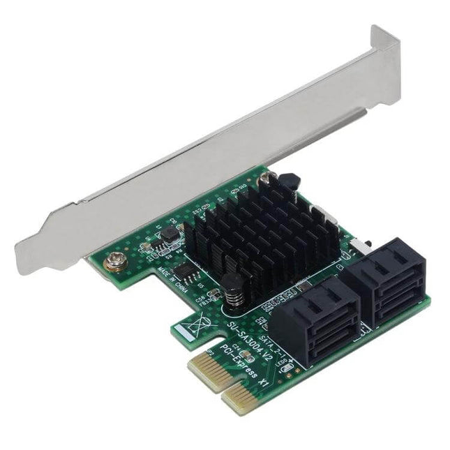 PCI Express to SATA Adapter with Four Ports for Computer Expansion - PCIe card with heatsink and four SATA ports for desktop storage expansion
