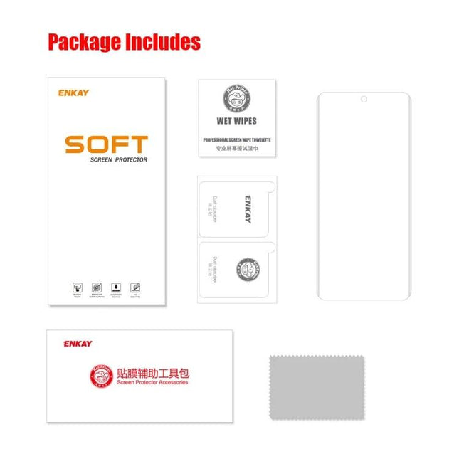 Honor 60 Screen Protector For Everyday Use With 3D Curved Edge showing ENKAY packaging, wet wipes, installation tools and protector outline