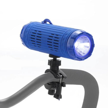 TG Compact Bluetooth Speaker With Flashlight For Travel shown mounted on a bike handle with flashlight on, portable blue speaker