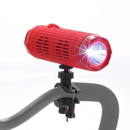 TG Compact Bluetooth Speaker With Flashlight For Travel showing red portable speaker with flashlight mounted on bike handlebar