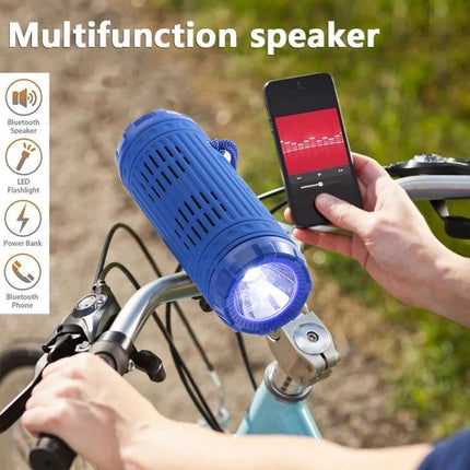 TG Compact Bluetooth Speaker With Flashlight For Travel shown mounted on bike handlebar streaming music from phone at picnic