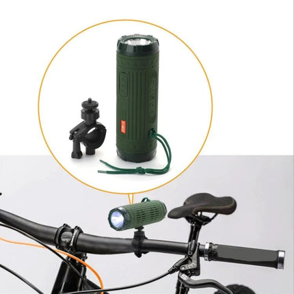 TG Compact Bluetooth Speaker With Flashlight For Travel shown mounted on a bike handle for portable outdoor music