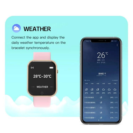 Daily Smart Watch for Everyday Activities and Timekeeping showing weather sync between smartwatch and phone, pink band, temperature display