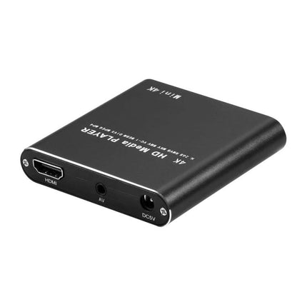 Compact black External Media Player for Videos and Background Music with HDMI, AV and DC ports for simple playback and auto-start