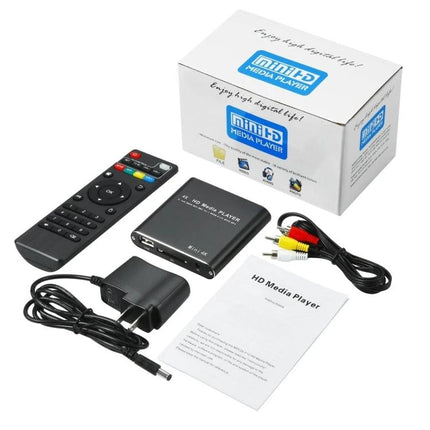 External Media Player for Videos and Background Music - compact HD media player kit with remote, power adapter, AV cables and user manual