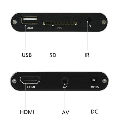 External Media Player for Videos and Background Music showing USB, SD, IR, HDMI, AV, and DC ports for easy playback and connectivity