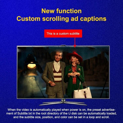External Media Player for Videos and Background Music — TV display showing custom scrolling ad captions and automatic subtitle playback