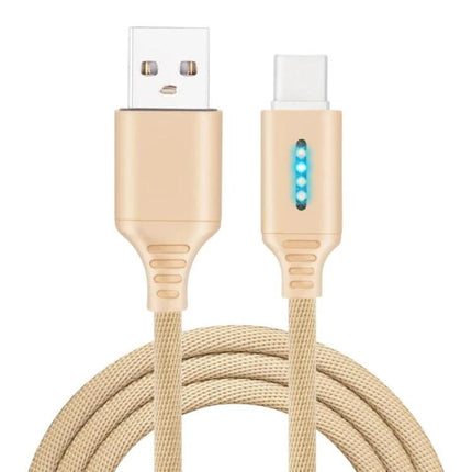 Essential Cable for Everyday Device Charging at Home - gold USB-C braided cable with LED charge indicator, USB-A to USB-C for phones tablets laptops