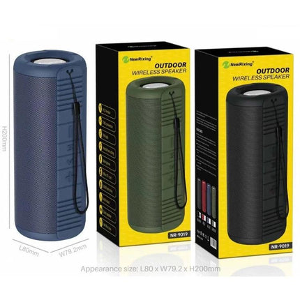 NewRixing Compact Bluetooth Speaker For Calls And Music compact portable cylindrical speaker with strap shown with retail boxes