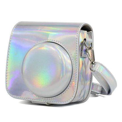 Aurora Oil Paint Protective Case for Fujifilm Instax Mini Cameras in holographic silver with removable cover and shoulder strap