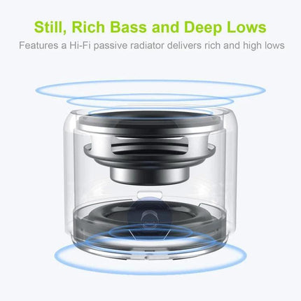 Compact Portable Bluetooth Speaker For Travel And Home Use showing stainless steel body, passive radiator and rich bass