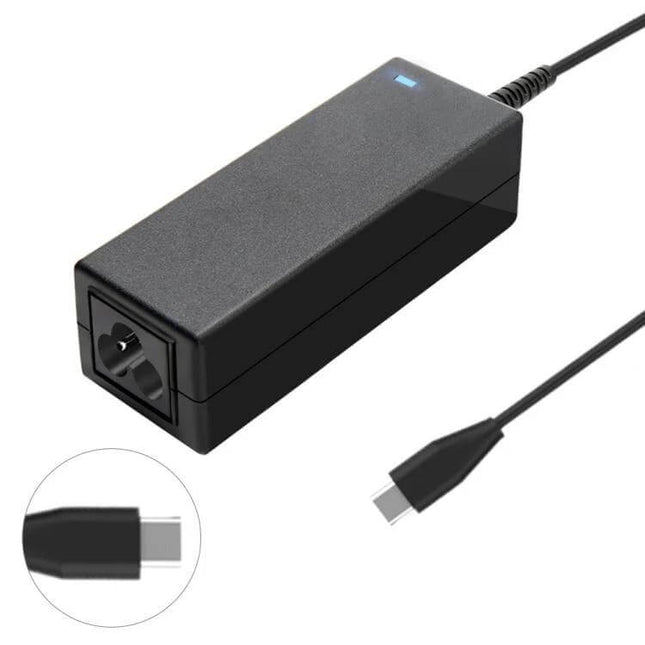 USB-C 45W Laptop Power Adapter for ThinkPad and Lenovo Devices black rectangular charger with USB-C cable and LED indicator