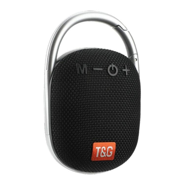 TG Portable Bluetooth Speaker With Sound Reactive Lights compact black clip-on speaker, buttons and T&G logo