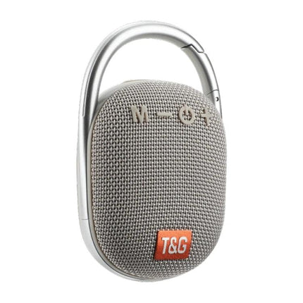 TG Portable Bluetooth Speaker With Sound Reactive Lights compact gray fabric speaker with carabiner and control buttons