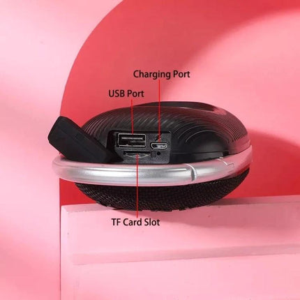 TG Portable Bluetooth Speaker With Sound Reactive Lights showing USB port, charging port and TF card slot on pink background
