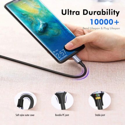 ENKAY USB-C to USB-C Cable for Daily Device Charging — braided fast-charge cable connected to smartphone showing ultra durability and reinforced joints